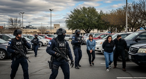 ICE agents conducting an arrest in a parking lot