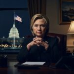 Hillary’s Power Grab—Born From Marriage Betrayal… Hillary Clinton seated at a desk with a serious expression, Washington D.C. in the background