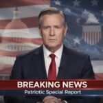 News anchor delivering a breaking news report with a patriotic background