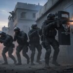 A tactical team of soldiers in combat gear advancing through a war-torn urban environment