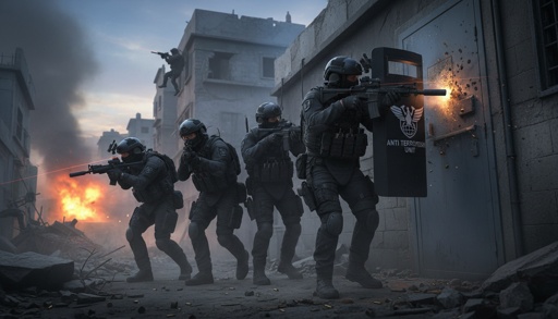 A tactical team of soldiers in combat gear advancing through a war-torn urban environment