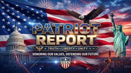 Graphic featuring the American flag, an eagle, and the Statue of Liberty