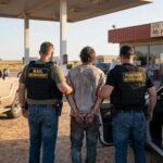 Law enforcement officers arresting a suspect at a gas station