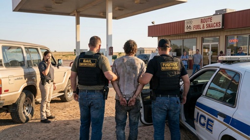 Law enforcement officers arresting a suspect at a gas station