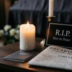 SHOCK LOSS: Country Legend Dead At 73… A candle and memorial card on a table with a newspaper featuring obituaries