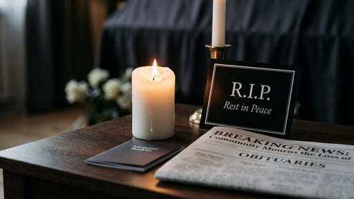 A candle and memorial card on a table with a newspaper featuring obituaries