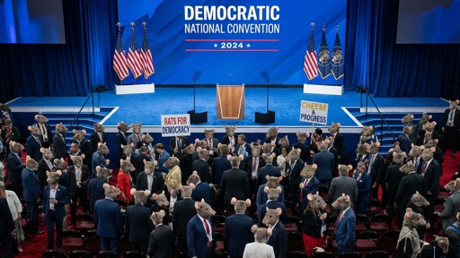 shutterstock_2771072051.jpg Crowd at a political convention wearing rat masks and holding signs