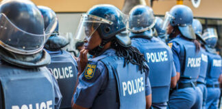 Police officers in riot gear standing in line.