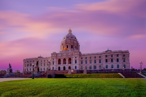 shutterstock_2334088919.jpg Minnesota State Capitol building at sunset with a colorful sky