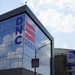 Exterior view of the United Center with DNC 2024 signage