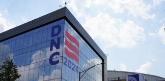 Exterior view of the United Center with DNC 2024 signage