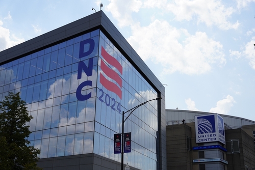shutterstock_2504121051.jpg Exterior view of the United Center with DNC 2024 signage