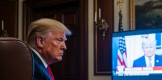 A political figure seated in the Oval Office, watching a television broadcast