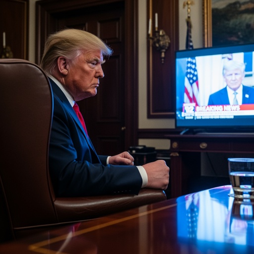 A political figure seated in the Oval Office, watching a television broadcast