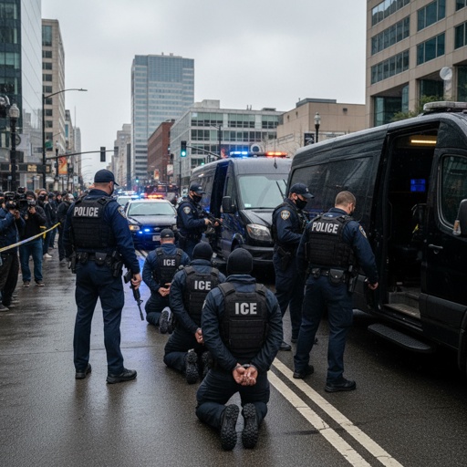 Ice,Agents,Being,Arrested,By,Federal,Police Police officers conducting an operation in an urban area with a crowd present