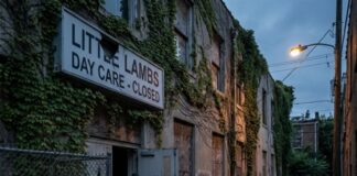 Two shadowy figures pushing carts in an overgrown alley beside an abandoned daycare