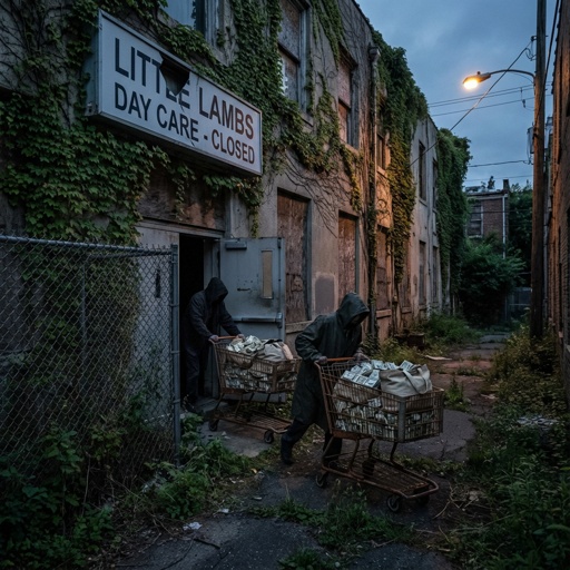 Two shadowy figures pushing carts in an overgrown alley beside an abandoned daycare