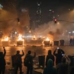 FLAMETHROWER STUNT: Where Are The Police? A nighttime protest scene with fires and people holding phones