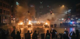 A nighttime protest scene with fires and people holding phones