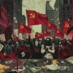 A crowd of protesters holding communist flags and money in a city setting