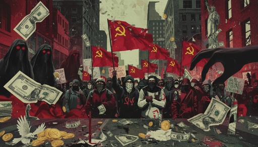 shutterstock_2731254255.jpg A crowd of protesters holding communist flags and money in a city setting