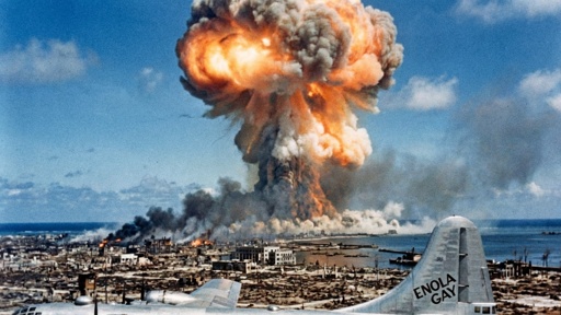 Bombing,Of,Hiroshima,In,Color A nuclear explosion with a military aircraft in the foreground
