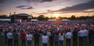 Large crowd at a political rally during sunset