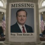 Missing person poster of Rep. Tom Kean Jr. displayed in a government building