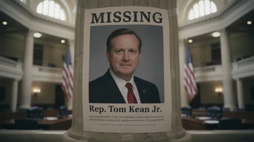 Missing person poster of Rep. Tom Kean Jr. displayed in a government building