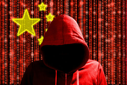 A hooded figure in a red hoodie against a backdrop of binary code and stars representing China