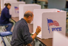 Person voting in a polling booth.