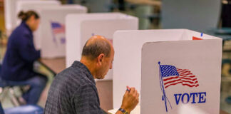 Person voting in a polling booth.