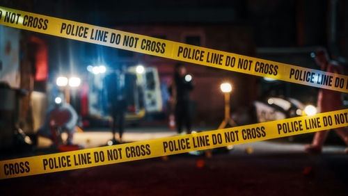 shutterstock2230645955-1jpg Yellow police tape at a nighttime crime scene.
