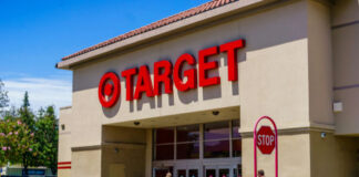 Entrance of a Target store with shoppers and shopping carts