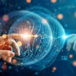 Human and robot hands touching in a digital space.