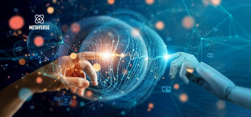 Human and robot hands touching in a digital space.