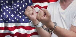 Person in handcuffs raising clenched fists before a United States flag