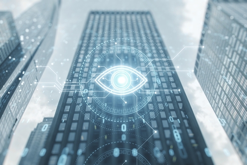 Cyber,Spy,Technology,Hologram,,Virtual,Eye,Of,Internet,Control,Surveillance Futuristic digital overlay on a skyscraper with an eye symbol