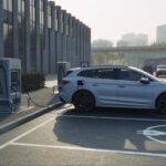 A silver electric vehicle charging at a station in a parking lot