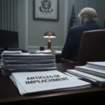 A stack of documents labeled 'Articles of Impeachment' on a desk in a government office