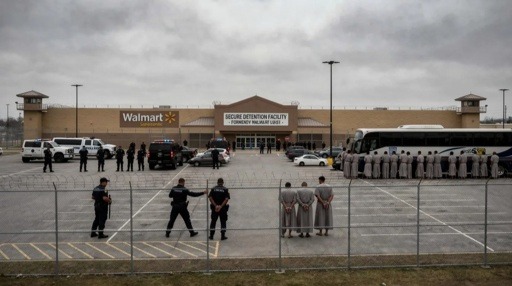 Law enforcement officers and detainees outside a secure detention facility at a Walmart location
