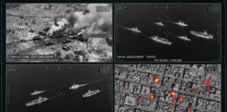 Aerial images depicting military conflict and naval engagements in different regions