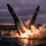 Two rockets launching from a military facility with smoke and flames