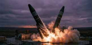 Two rockets launching from a military facility with smoke and flames