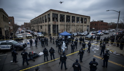 Police officers and FBI agents at a crime scene with a drone overhead