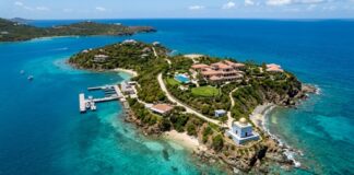 Aerial view of a tropical island with luxury villas and clear blue waters