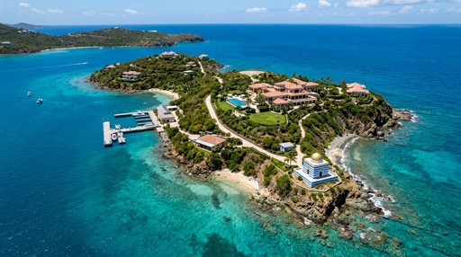 Aerial view of a tropical island with luxury villas and clear blue waters