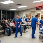 Hospital Hit Claims Ignite War-Crimes Alarm Busy emergency department with healthcare workers attending to patients