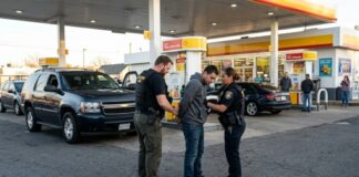 Police officers arresting a suspect at a gas station