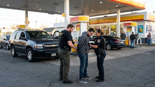 Police officers arresting a suspect at a gas station